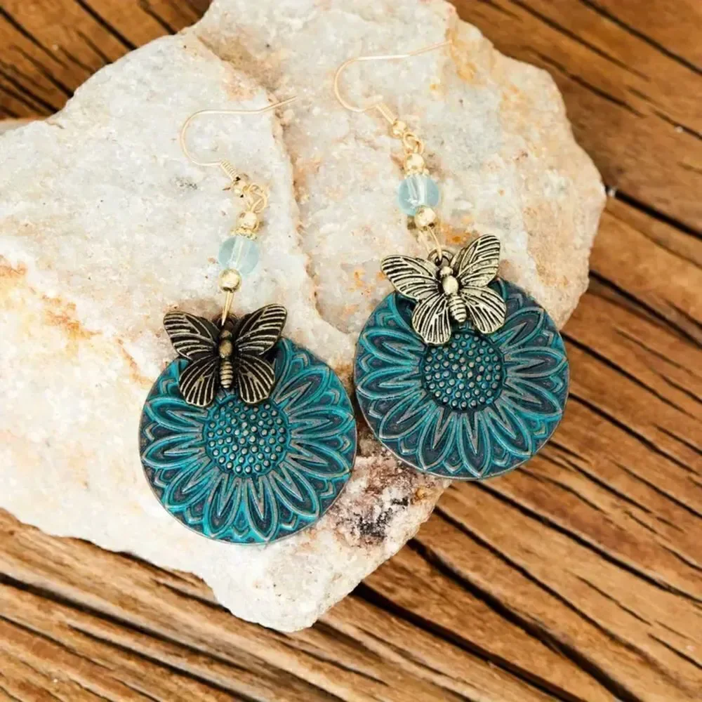 New - Bohemian Round Blue Sunflower and Butterfly Drop Earrings